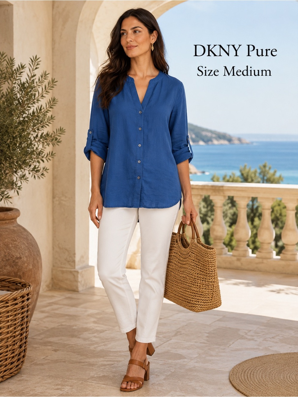DKNY Pure Cobalt Blue 100% Linen Button Front Roll Tab Sleeve Blouse M